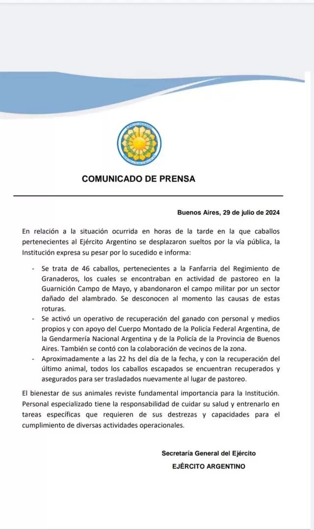 Comunicado de prensa Ejrcito Argentino.