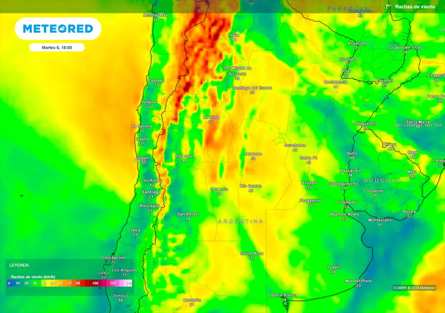 Alerta por viento intenso en la porcin central del pas. Registros de hasta 70 km/h del sector sur.