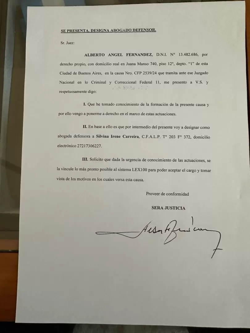 La carta enviada por Alberto Fernndez, donde nombra a Silvina Carreira como su nueva abogada