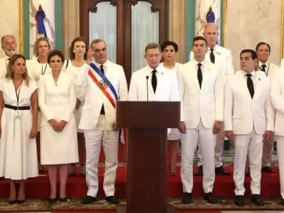 Conferencia de la Declaracin de Santo Domingo. Detrs del presidente dominicano, Luis Abinader, la canciller Diana Mondino