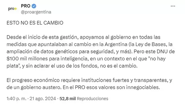 Comunicado publicado en las redes sociales del Pro y del mismo expresidente Mauricio Macri luego de rechazado el incremento del DNU de la SIDE.