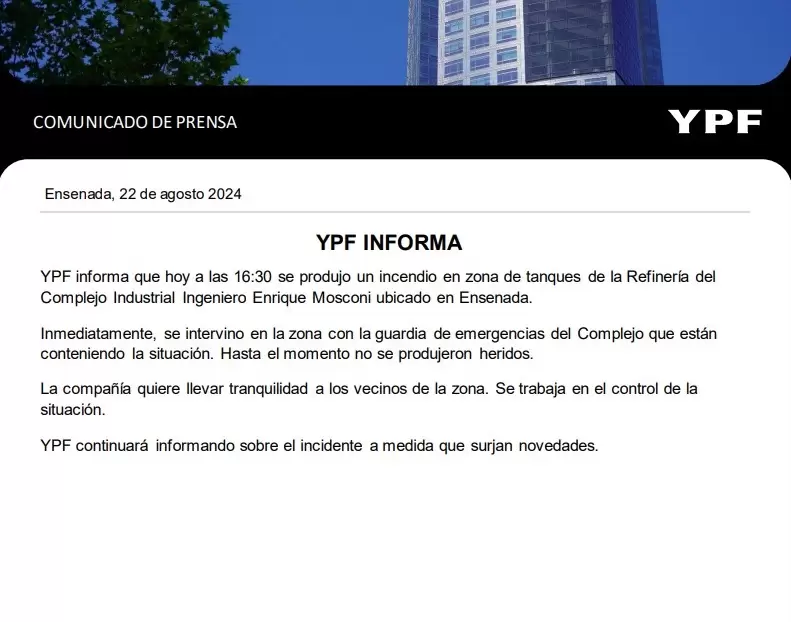 Comunicado de YPF por incendio en Ensenada