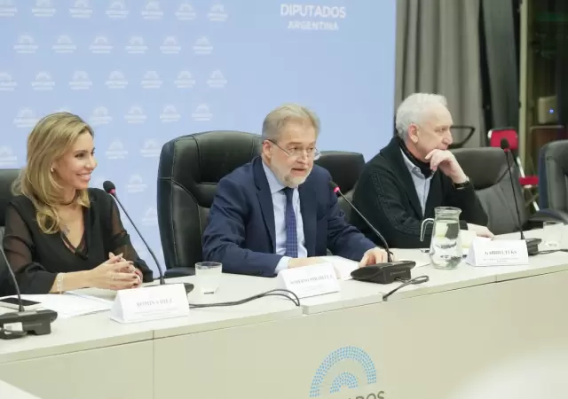 (de izqu. a der.) Romina Diez (LLA), vicepresidenta; Roberto Mirabella (UxP), presidente; Gabriel Fuks (UxP), titular de la delegacin en el Parlasur.