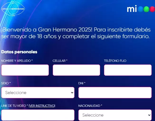 Formulario de Telefe para participar de GH25