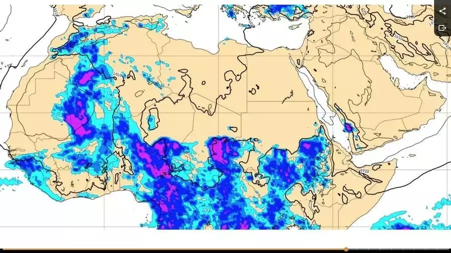 Precipitaciones en el desierto del Shara en la primera semana de septiembre, segn la prediccin del Centro Europeo de Previsiones Meteorolgicas.