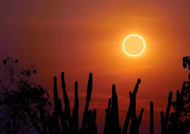 La Luna se ve como un disco oscuro encima de un disco ms grande y brillante, creando lo que parece un anillo de fuego