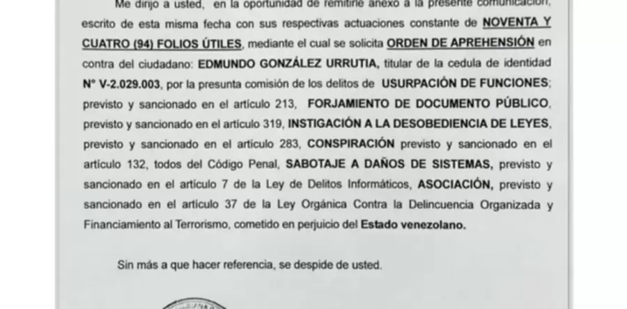 Parte del texto de la orden de arresto emitida por la Fiscala General chavista