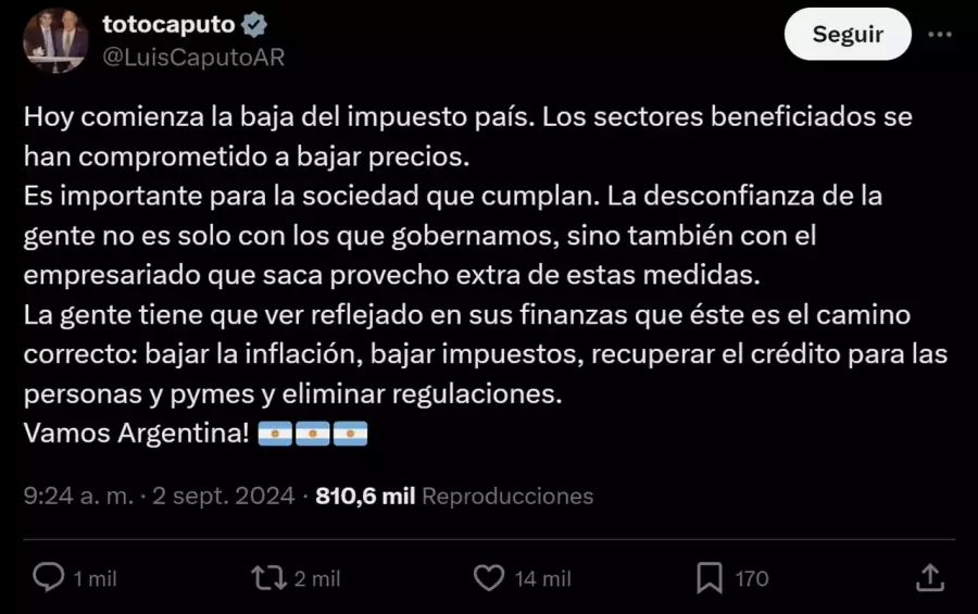 El mensaje de Luis Caputo, tras la baja de 10 puntos del impuesto PAIS.