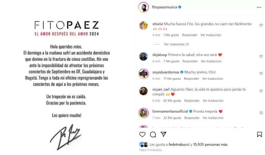 Posteo de Instagram de Fito Pez