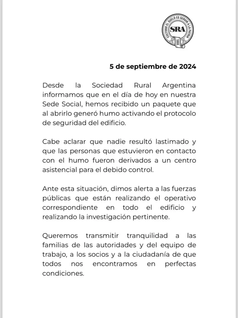 Comunicado de la Sociedad Rural por el explosivo