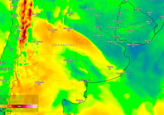 Rfagas de viento asociadas al frente fro pronosticadas por el ECMWF para la tarde de este mircoles 11 de septiembre.