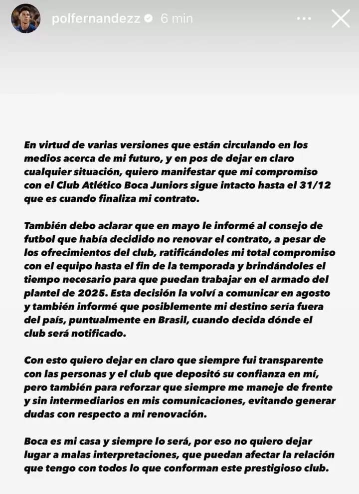 El comunicado del futbolista Xeneize.