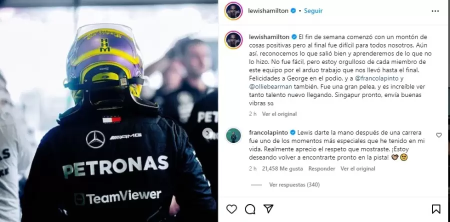 Hamilton felicit a Colapinto