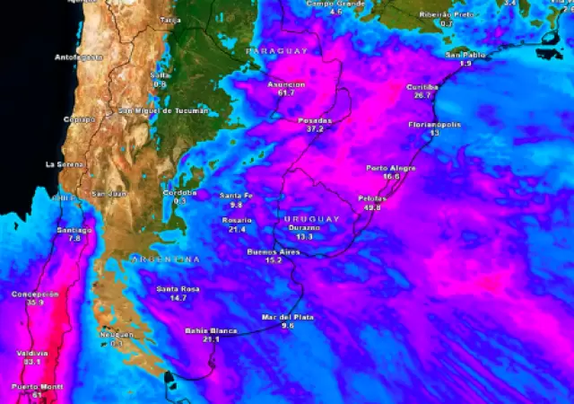 Un centro de alta presin sobre el Atlntico cerca de las costas de Brasil y Uruguay est potenciando una fuerte circulacin de vientos.