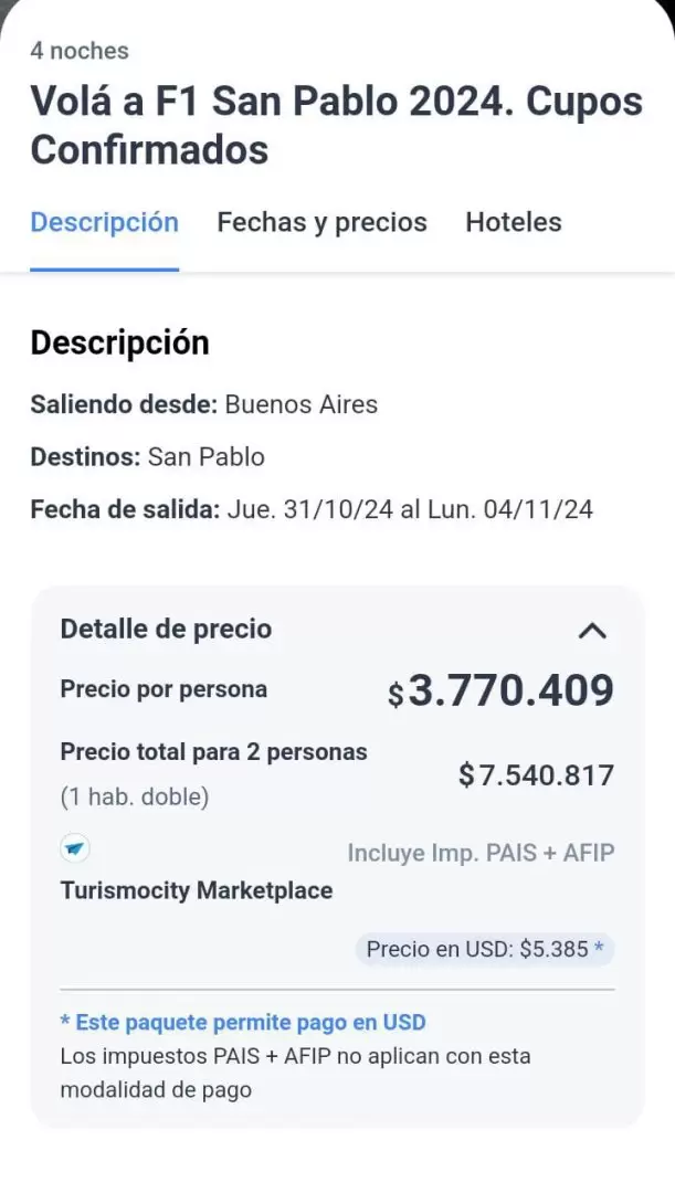 Precio del paquete por persona o para dos