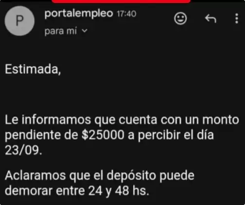 La notificacin que llega a cada beneficiario