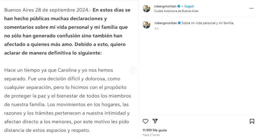 El comunicado sobre la separacin de Pampita