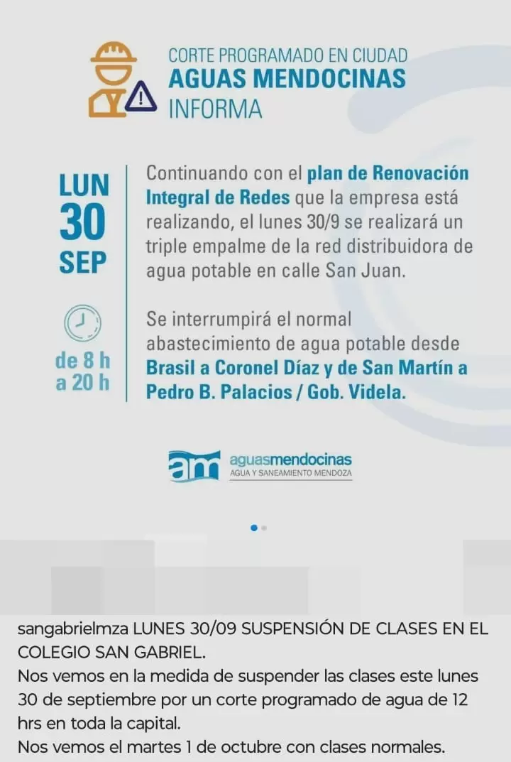 Corte de agua en Mendoza afecta a los establecimientos educativos