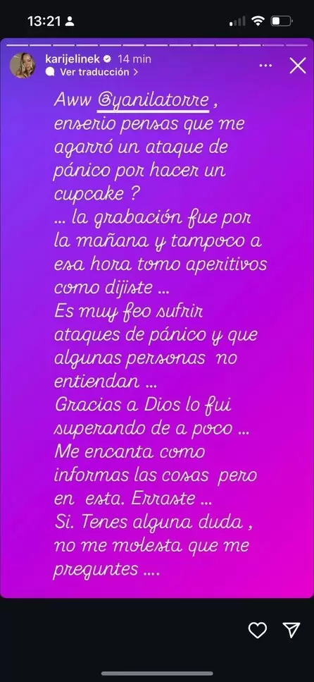 Este fue el descargo de Karina Jelinek en sus Redes Sociales