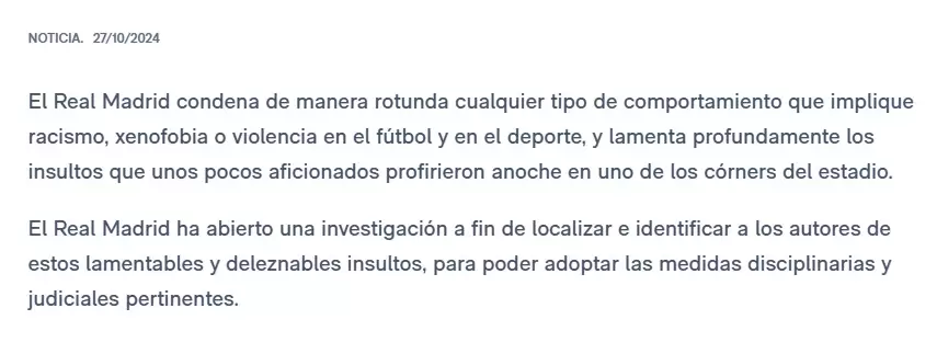 Comunicado del Real Madrid