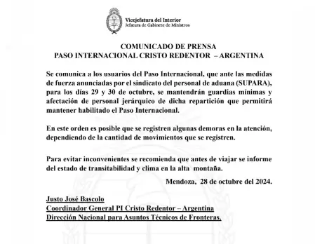 Se mantendr�n guardias m�nimas y el personal jer�rquico se encargar� de mantener habilitado el paso.