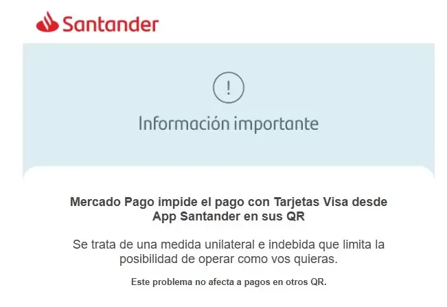 Banco Santander notific� a sus usuarios los problemas para pagar con QR de Mercado Libre