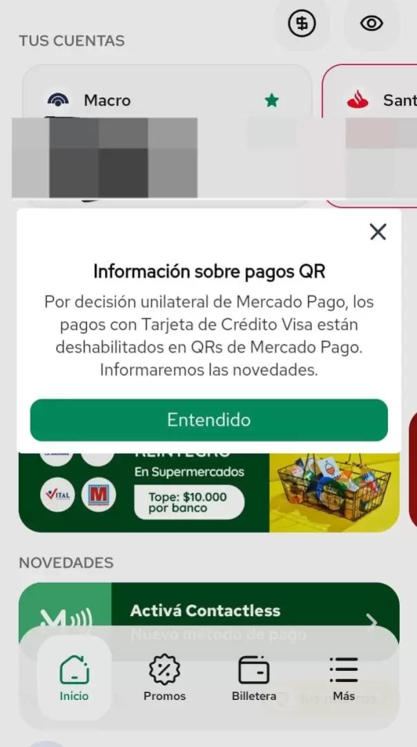 MODO tambi�n informa que no se puede pagar con tarjetas de cr�dito Visa
