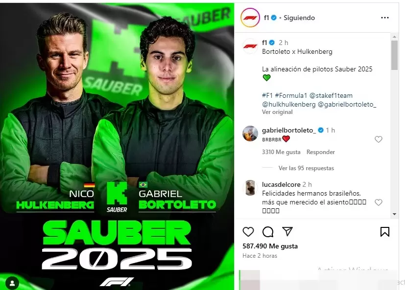 Sauber confirm� que Gabriel Bortoleto ser� el compa�ero de Nico Hulkenberg en 2025