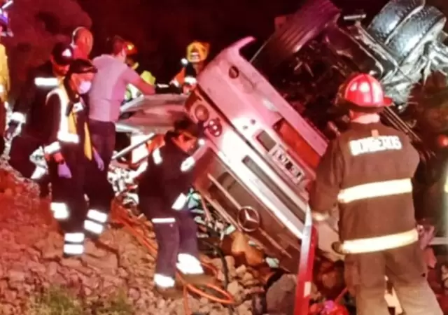 Los brigadistas chilenos debieron rescatar a los ocupantes del cami�n Mercedes Benz volcado sobre la Ruta 60.