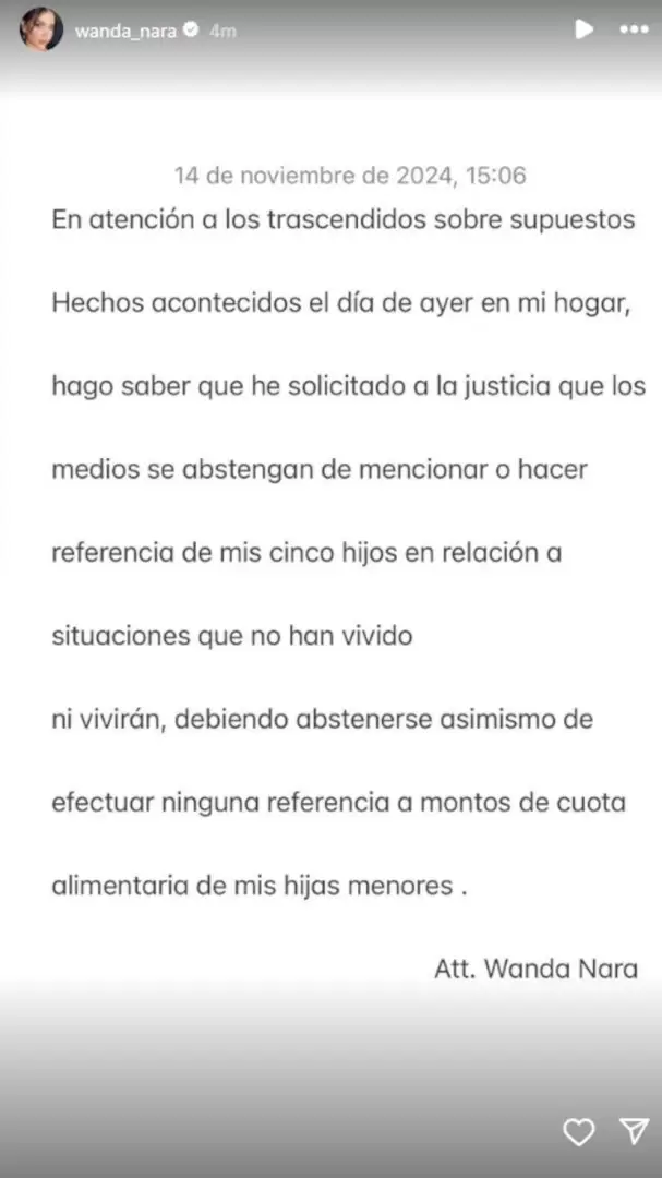 El comunicado de Wanda Nara en Instagram.