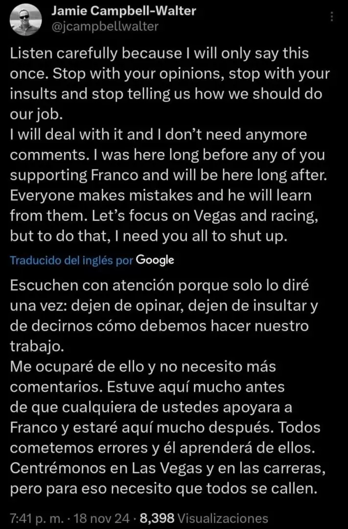 Comunicado en X del representante de Franco Colapinto.