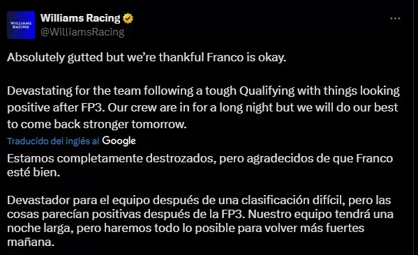 Williams inform� que har�n todo lo posible para reparar el auto de Franco Colapinto