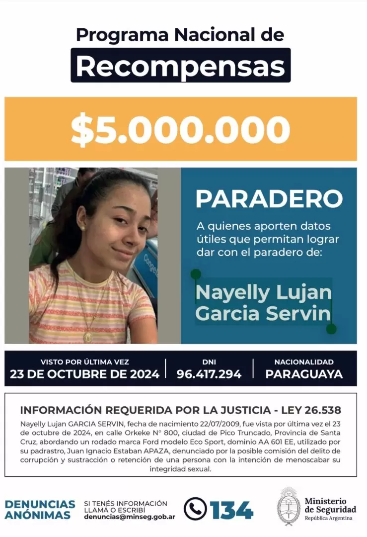El Estado estableci� una recompensa de hasta $5.000.000 para quien aporte informaci�n
