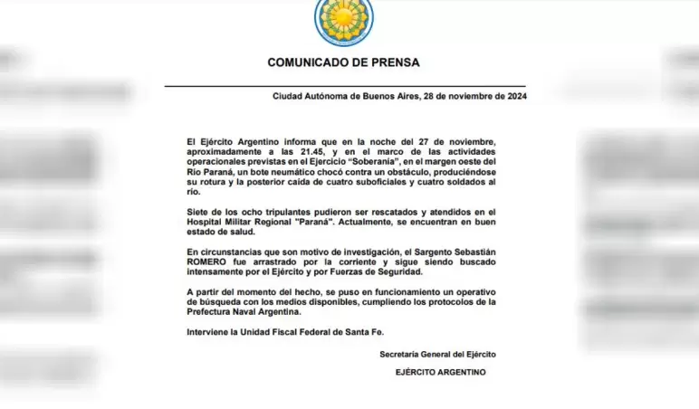 Comunicado oficial emitido por el Ejército Argentino luego de que el soldado desapareció luego de que se le dio vuelta el gomón.