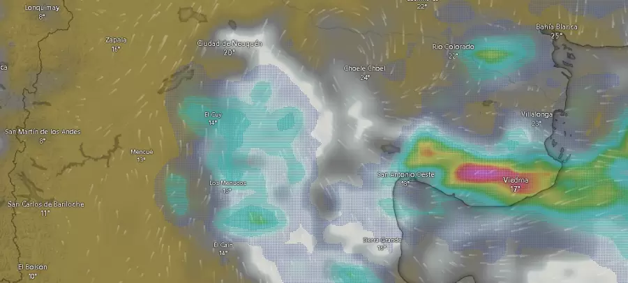 Nubosidad, circulaci�n de masas de aire y tormentas sobre la franja central de Argentina a las 09.42 del mi�rcoles 11 de noviembre.