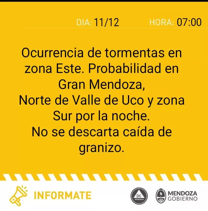 Alerta meteorol�gica emitida por Defensa Civil de Mendoza.