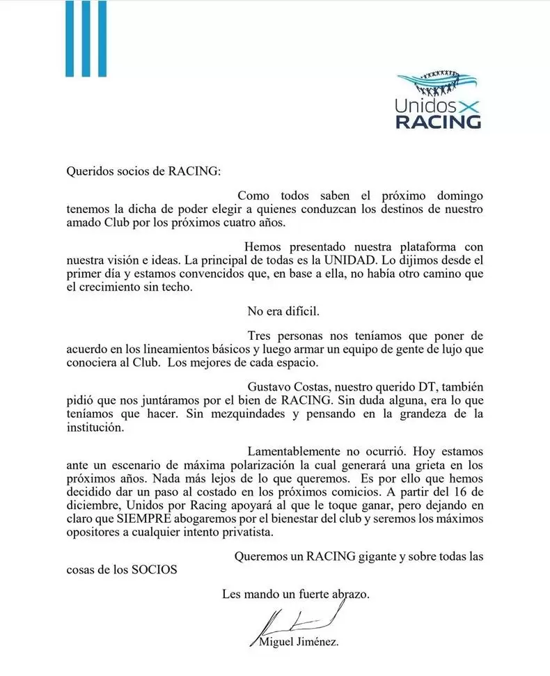 El texto de la carta escrita por Miguel Jim�nez