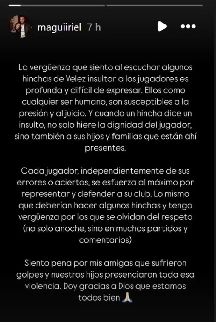 La misiva de Magal� en su cuenta de Instagram