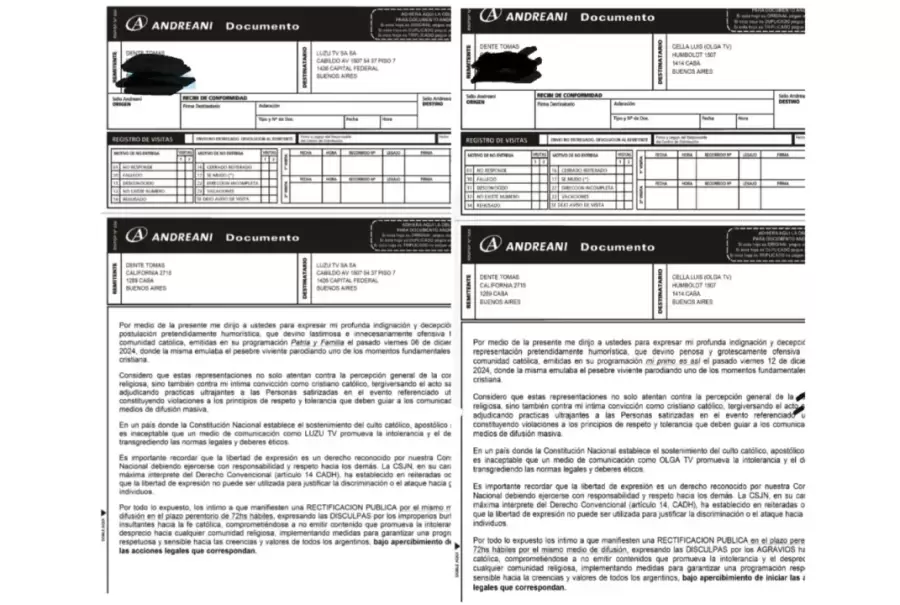 Copia de la carta documento enviada por Tom�s Dente.