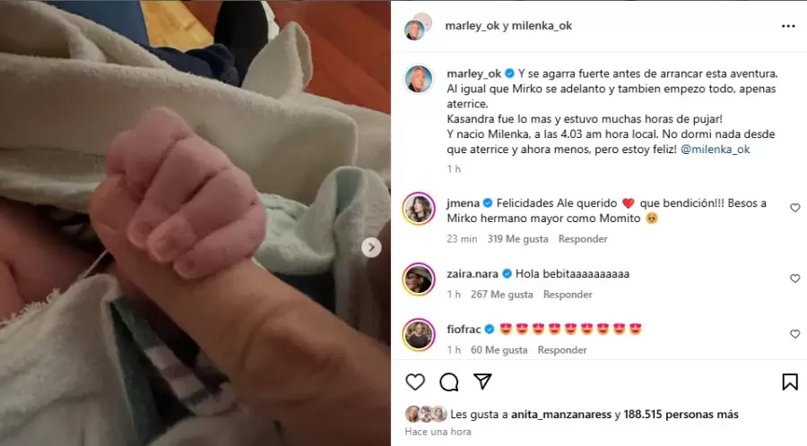 Posteo de Marley ante la llegada de Milenka