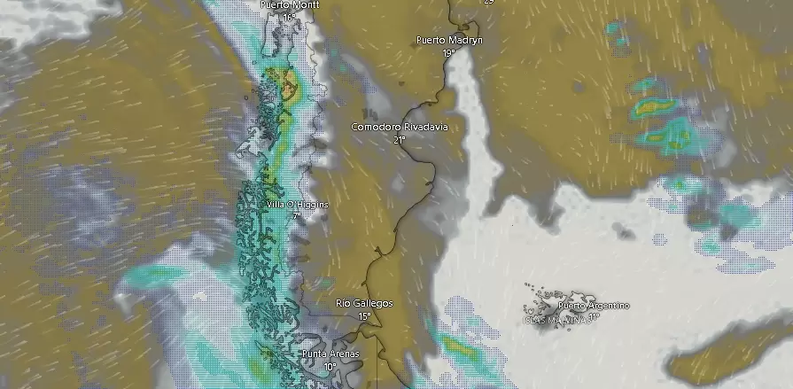 Nubosidad y formaci�n de tormentas en el sur argentino a las 09.42 del mi�rcoles nueve de enero de 2025.
