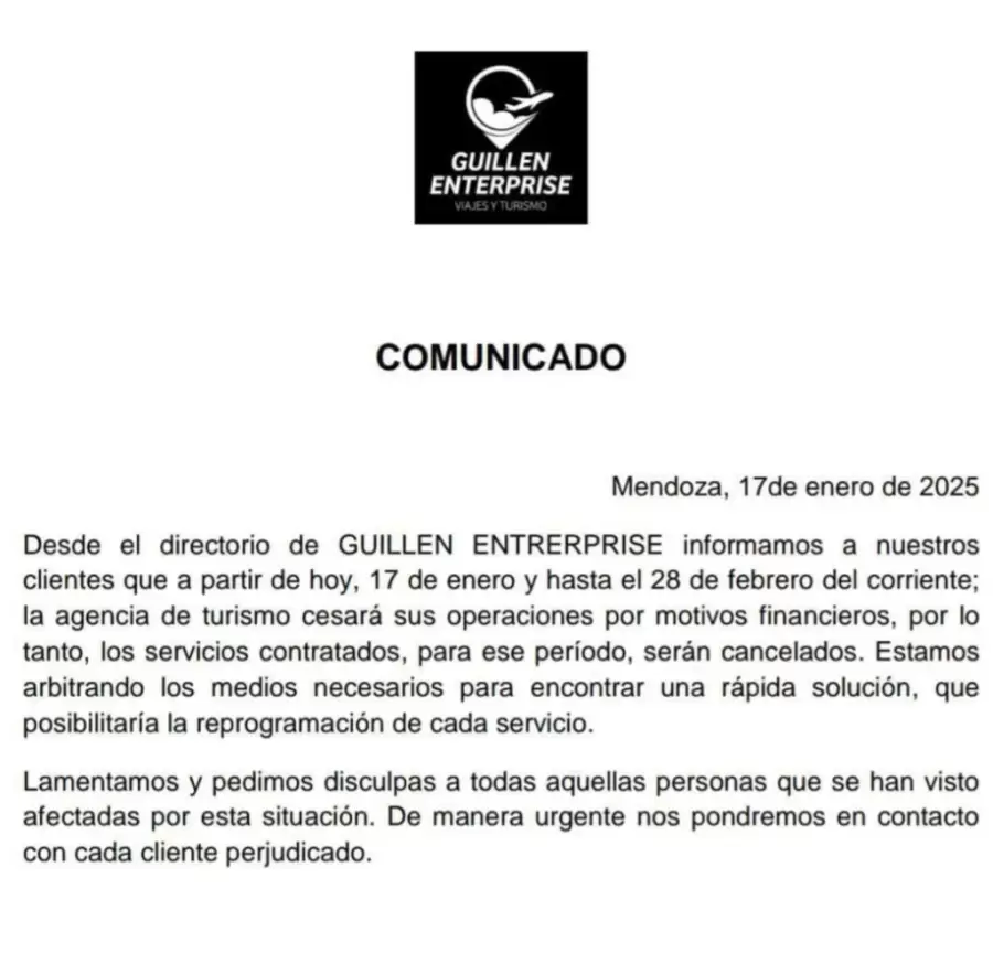 Comunicado de la agencia de turismo Guill�n Enterprise