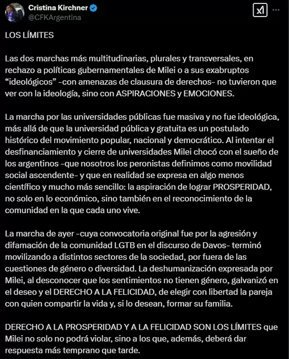 Declaraciones de Cristina contra Milei tras la marcha de este s�bado