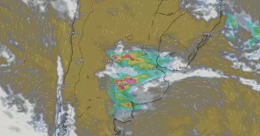 Nubosidad y tormentas en el centro de Argentina hoy mi�rcoles 5 de febrero a las 09.42.