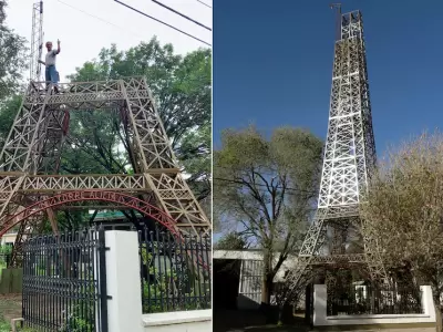 El hombre construy� una r�plica de la Torre Eiffel en el patio de su casa.