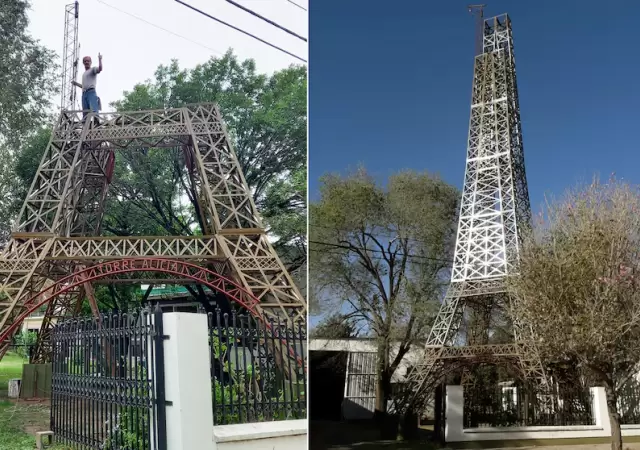 El hombre construy� una r�plica de la Torre Eiffel en el patio de su casa.