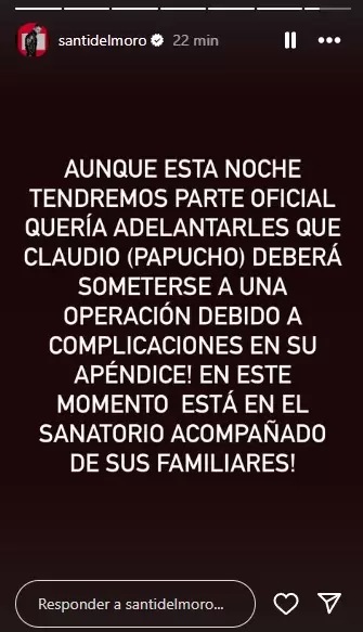 Comunicado de Santiago del Moro sobre la salud de Claudio de GH/