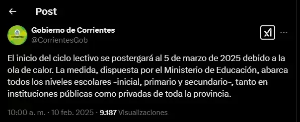 El Gobierno de Corrientes anunció la postergación del inicio del ciclo lectivo 2025