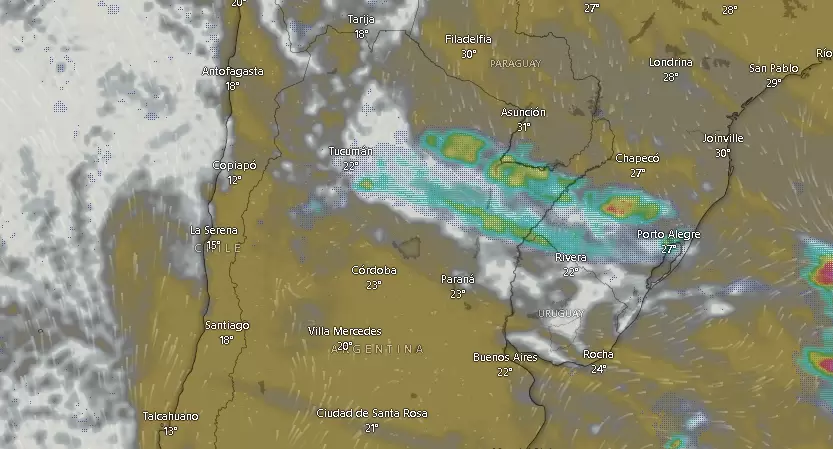 Nubes y tormentas sobre el territorio de la Rep�blica Argentina el lunes 17 febrero de 2025 a las 09.58.