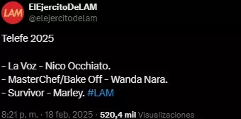 Publicación de X de la cuenta El Ejercito de LAM.